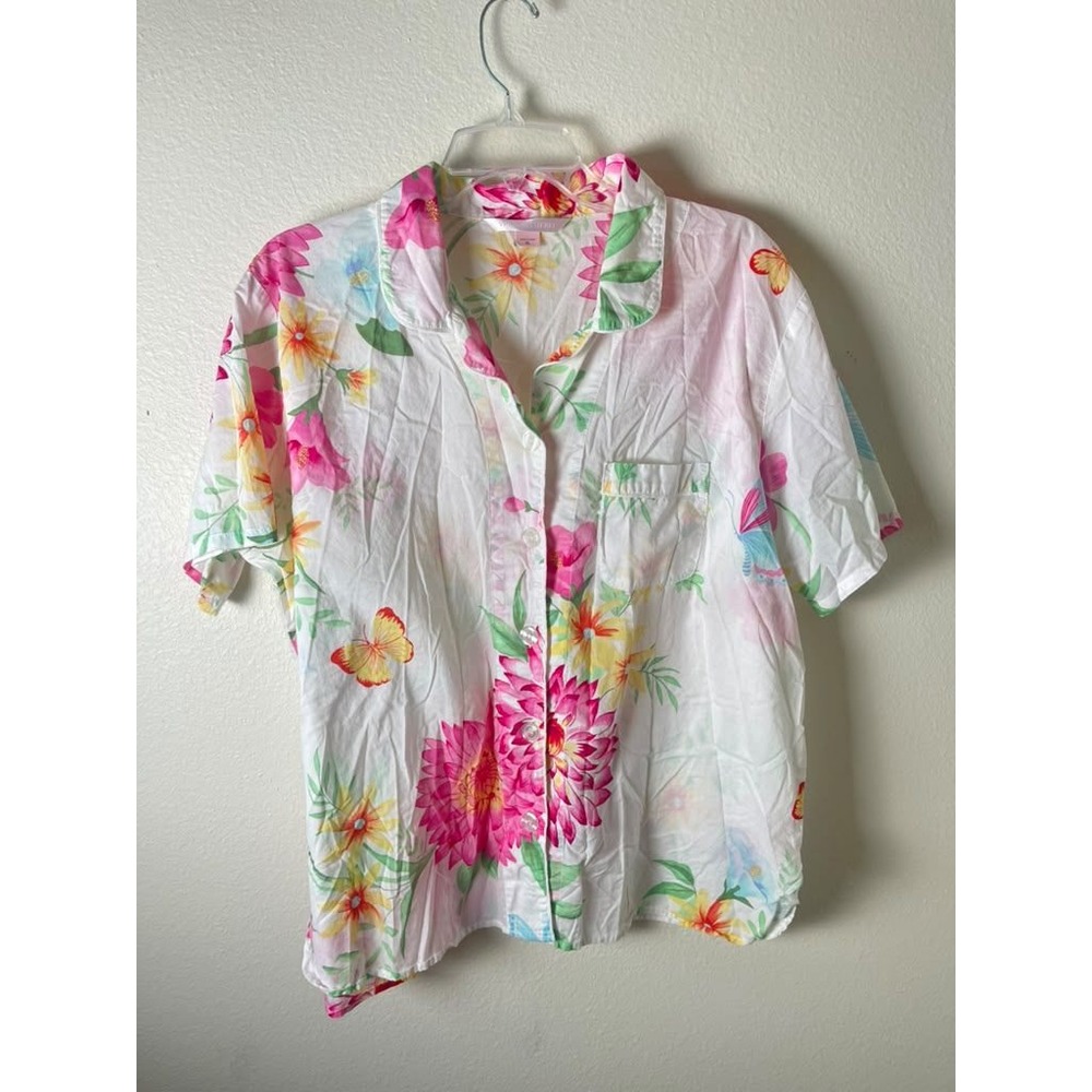 Victorias Secret Vintage 2006 Floral Butterfly Cotton Pajama Top XL White Pink